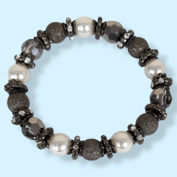 Rhinestone, Faux Pearl & Crystal Stretch Bracelet - Picture 3 of 4